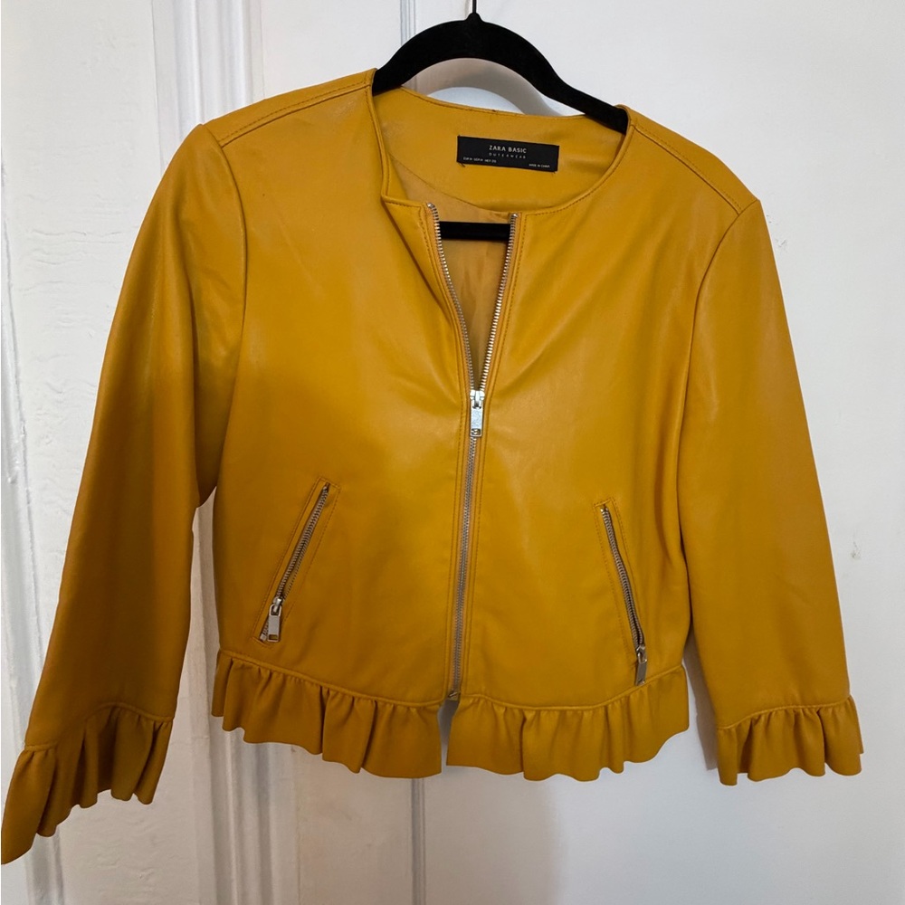 Zara Mustard Leather Jacket with Ruffle Hem